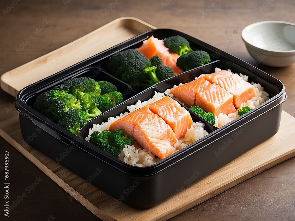 Meal prep lunch box containers with baked salmon fish, rice, green broccoli and asparagus Meal prep lunch box containers with baked salmon fish, rice, green broccoli and asparagus