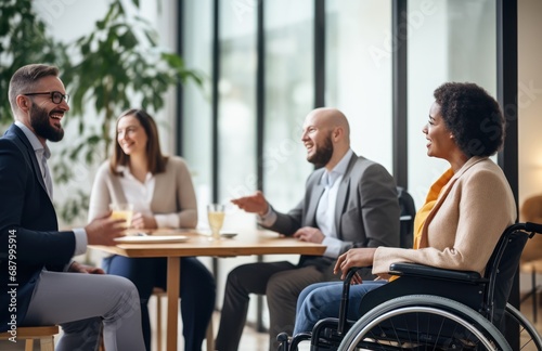 Businesswoman in wheelchair having meeting with team at office. A group of young freelancers agree on new online business projects. Person in a wheelchair leading a meeting in a conference room. © radekcho