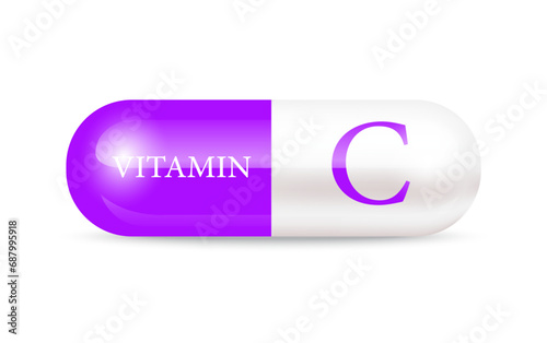 Capsule vitamin C (Thiamine) 3D Vector Illustration. Structure purple, white. Vitamin complex with chemical formula. Drug business concept. Personal care, beauty concept. transparent capsule pill.	