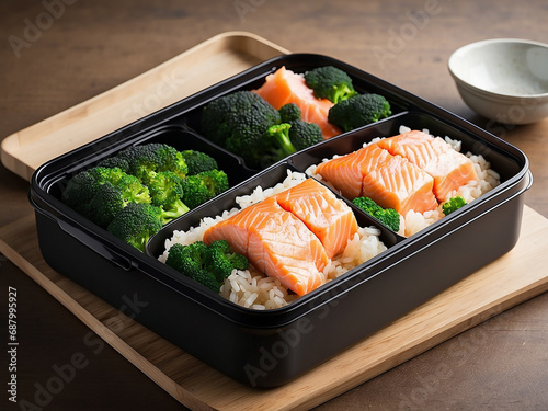 Meal prep lunch box containers with baked salmon fish, rice, green broccoli and asparagus