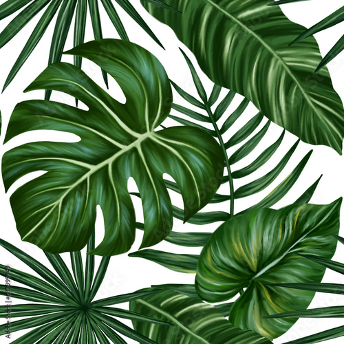 Tropical leaf seamless pattern. Colorful vivid print with beautiful palm jungle leaves. Repeated luxury design for packaging, cosmetic, fashion, textile, wallpaper. Realistic high quality illustration