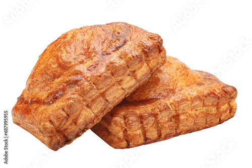 homemade baked goods, rectangular bun pie, puff pastry, bakery products on a white isolated background