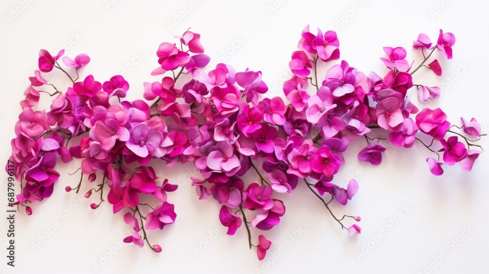 a cascade of vibrant bougainvillea blossoms, creating a visually stunning and captivating floral art piece on a clean white surface.