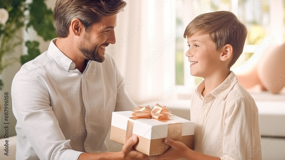 Happy family concept. Little son congratulates handsome dad for father's day! Smiling little boy holds a gift box and looks at father. Happy father's day, Happy birthday card. - obrazy, fototapety, plakaty 