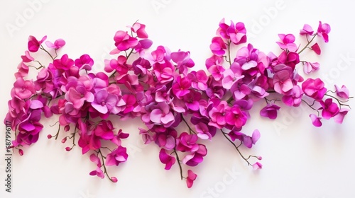 a cascade of vibrant bougainvillea blossoms, creating a visually stunning and captivating floral art piece on a clean white surface.