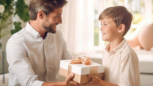 Happy family concept. Little son congratulates handsome dad for father's day! Smiling little boy holds a gift box and looks at father. Happy father's day, Happy birthday card. photo