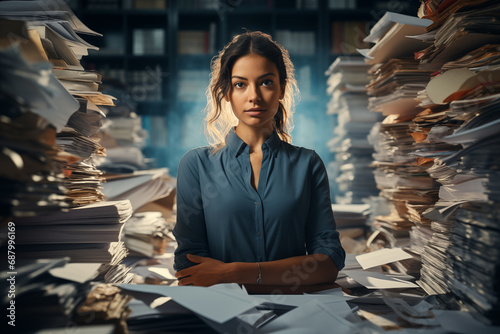 Portrait of young clerk girl working in office with piles of papers photo