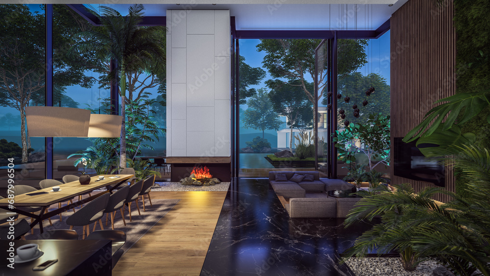 3d rendering of expensive cozy interior with green walls in night