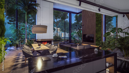 3d rendering of expensive cozy interior with green walls in night © korisbo