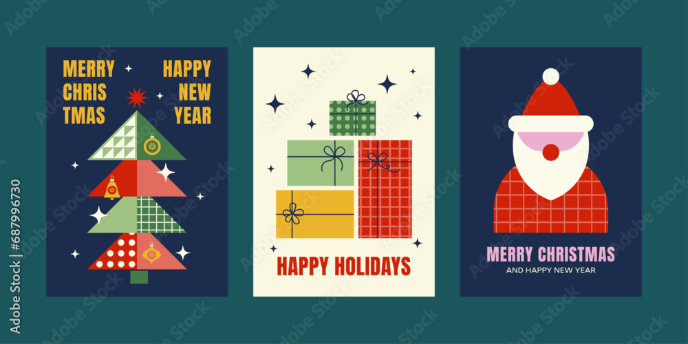 Merry Christmas and Happy New Year. Greeting cards, poster collection with festive elements. Colorful Christmas tree in geometric style. Design with santa claus 