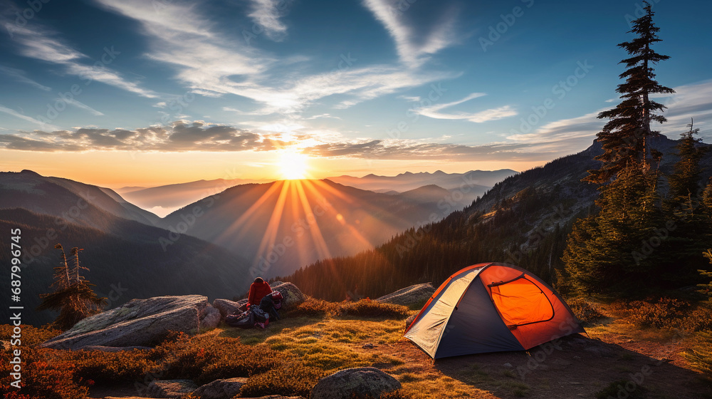 Camping at Sunrise in Breathtaking Mountain Landscape
