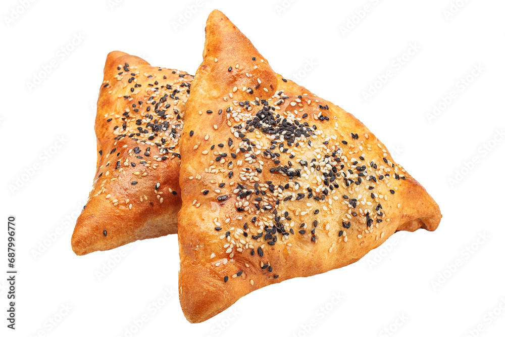 Samsa bread bun with lamb meat, several pieces, isolated background on a white background