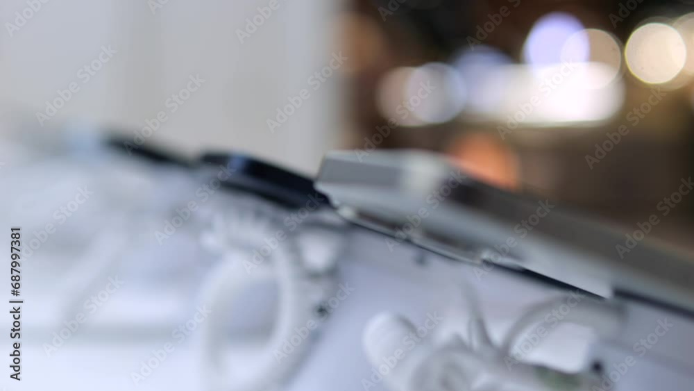 Modern technology is on display, with closeup of phone highlighting innovative design. Elegant technology that attracts attention. Advanced technologies make phone not justa gadget, but work of art.