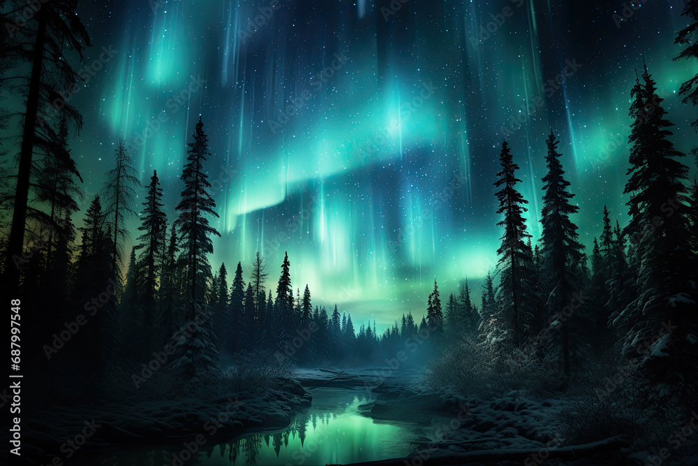 Mystical Aurora Borealis Over Forest Landscape