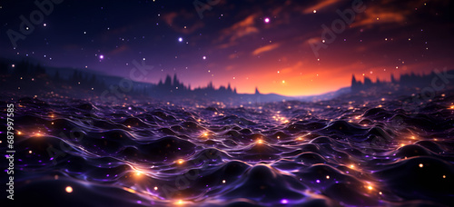 Fantasy seascape Night view of the once glowing sea Beautifully starry night sky dreamy atmosphere view of a mountain range with a lake and a distant sky.