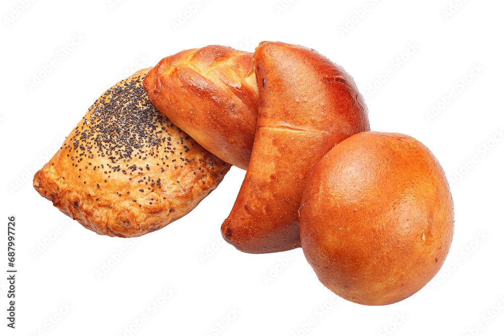 several homemade buns on a white isolated background, homemade food baking several homemade buns on a white isolated background, homemade food baking