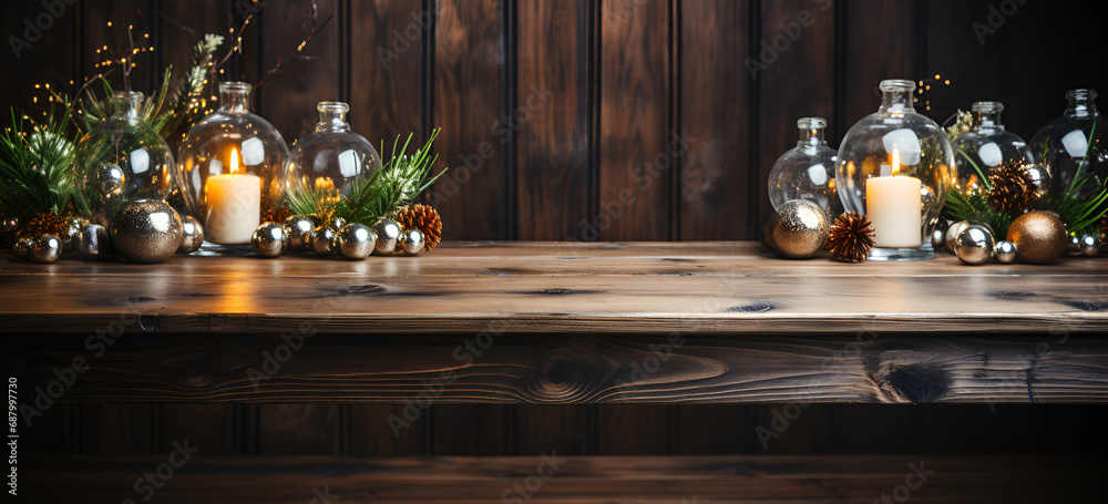Halloween holiday concept Empty rustic table in front of spider web background Christmas table background with Christmas lights on tabletop.