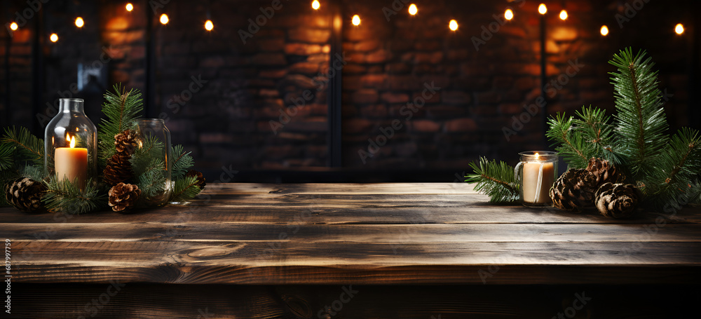 Vintage Barn Wooden Film Set with Realistic Shadows Vintage barn wooden film set backdrop realistic shadows wild color full flowers festoon lights Brown dark wooden background with Christmas lights.