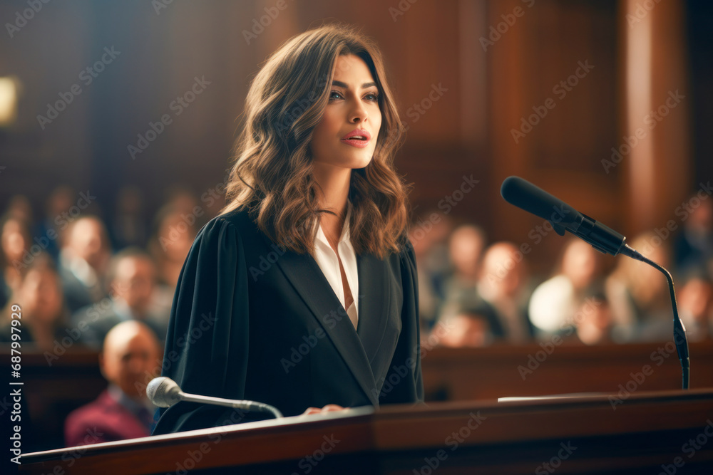 Court of Justice and Law Trial: Successful Female Prosecutor Presenting the Case, Making Passionate Speech to Judge, Jury. - obrazy, fototapety, plakaty 