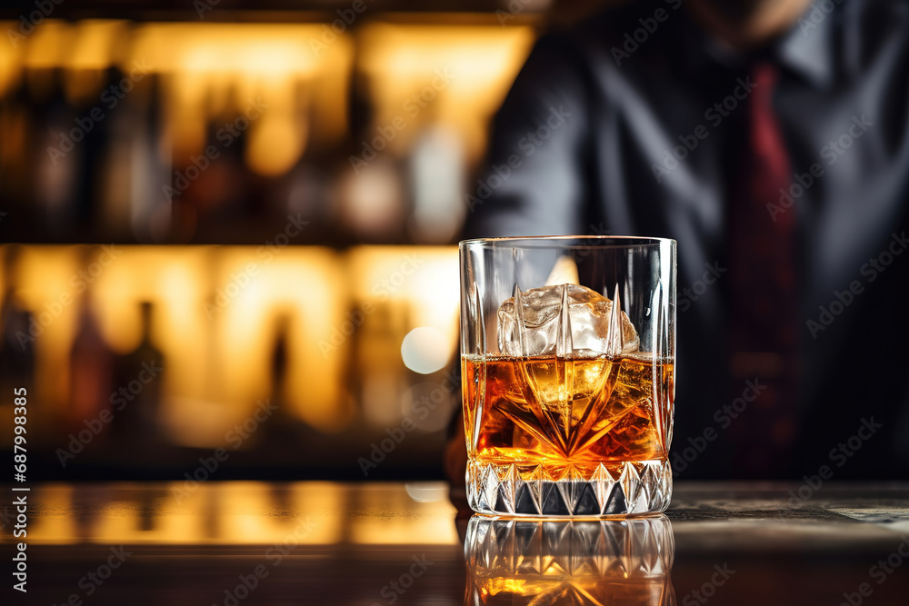close up of a glass of whisky with ice with blurred Bartender and bar in the back with empty copy space	