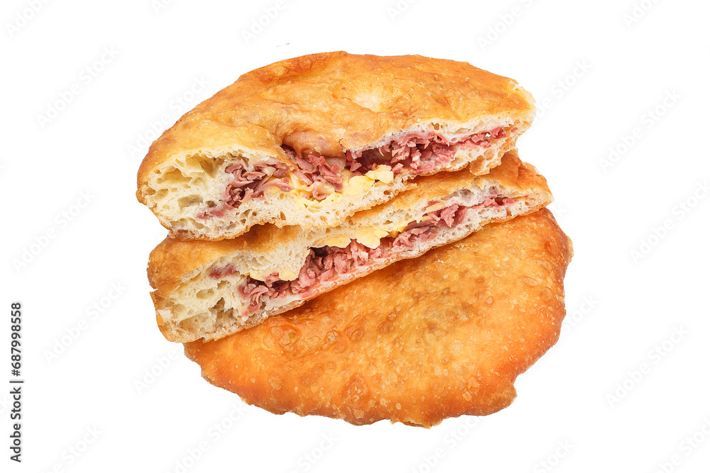 fried belyash with beef, meat, round, isolated background on a white background fried belyash with beef, meat, round, isolated background on a white background
