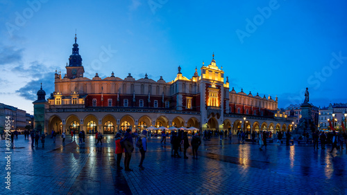 Krakow Old Town City Center at night with illuminated lights photo