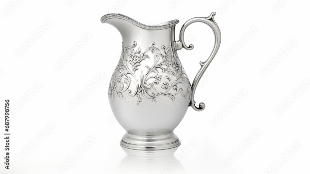 a classic pitcher, its vintage charm evident in its ornate design, captured against the simplicity of a white background