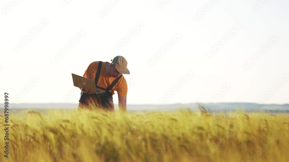 agriculture wheat. two farmer work in a field with wheat. agriculture business farm concept. farmer examining wheat sprouts lifestyle in an agricultural field and check them with laptop