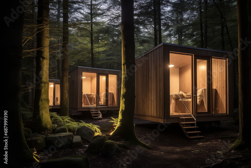  A forest retreat featuring secluded sauna cabins, offering natural immersion in a peaceful woodland environment, with eco-friendly design and sustainable practices. 
