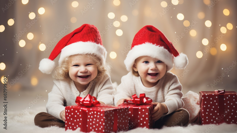 Happy kids in Santa hats in kindergarten Happy kids in Santa hats in kindergarten