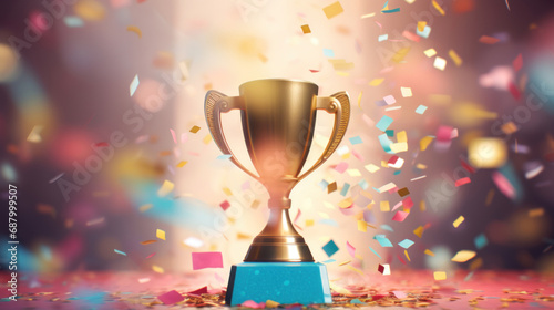 Trophy cup with colorful confetti on red background.