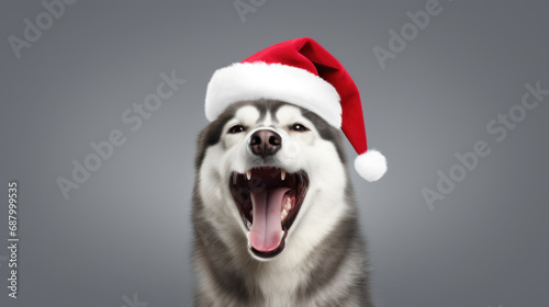 Portrait of happy laughing siberian husky dog in christmas hat.