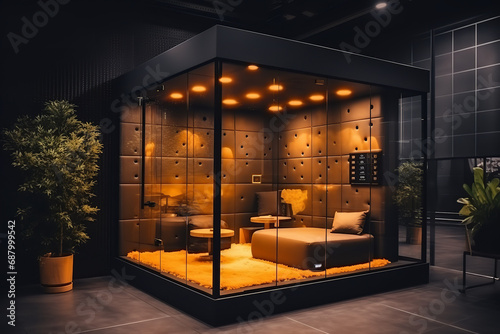 
An infrared sauna lounge located within a co-working space, serving as a wellness amenity for professionals, offering a modern and stress-relieving break from work.
