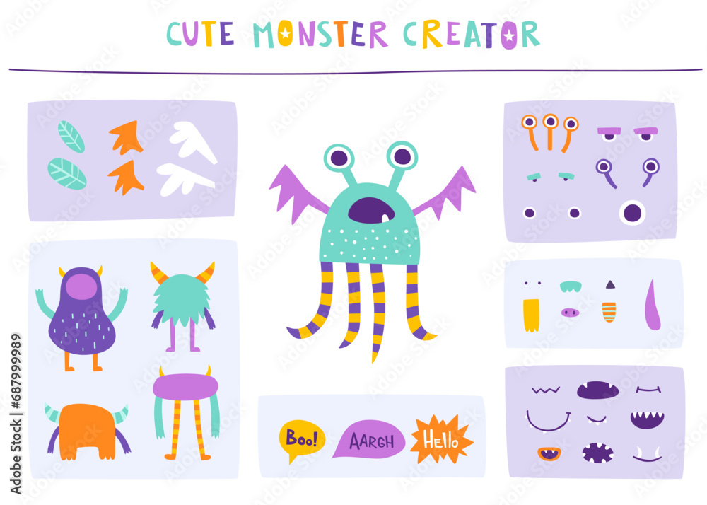Funny monster constructor for kids. Custom cartoon monster creator from parts. Colorful vector set of beast elements. Funny monster constructor for kids. Custom cartoon monster creator from parts. Colorful vector set of beast elements.
