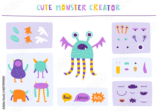 Funny monster constructor for kids. Custom cartoon monster creator from parts. Colorful vector set of beast elements.