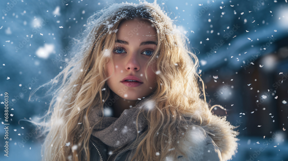 Blond woman with a captivating stare amidst a snow shower, wrapped in winter wear Blond woman with a captivating stare amidst a snow shower, wrapped in winter wear