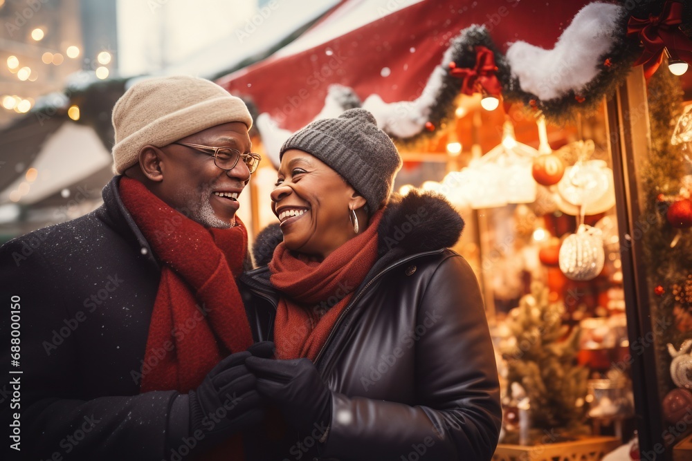 Happy black senior couple woman and man smiling, walk outside. Christmas Fair. Decorated city lights garland.