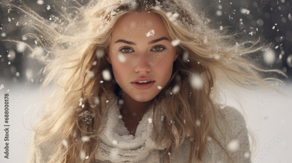 Blond woman with a captivating stare amidst a snow shower, wrapped in winter wear