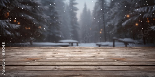 Empty old wooden table on the snowy forest background bokeh Made with generative AI 