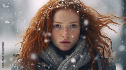 Red-haired beauty in a snowstorm, her gaze as piercing as the winter chill