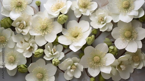 a cluster of hellebore blooms, with their unique and intricate petals, graces a white canvas, © Ahmad