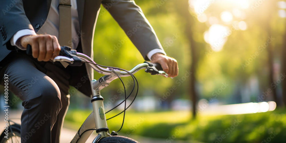 Obraz premium Smartly dressed man on bicycle, vibrant outdoors, sunny weather.