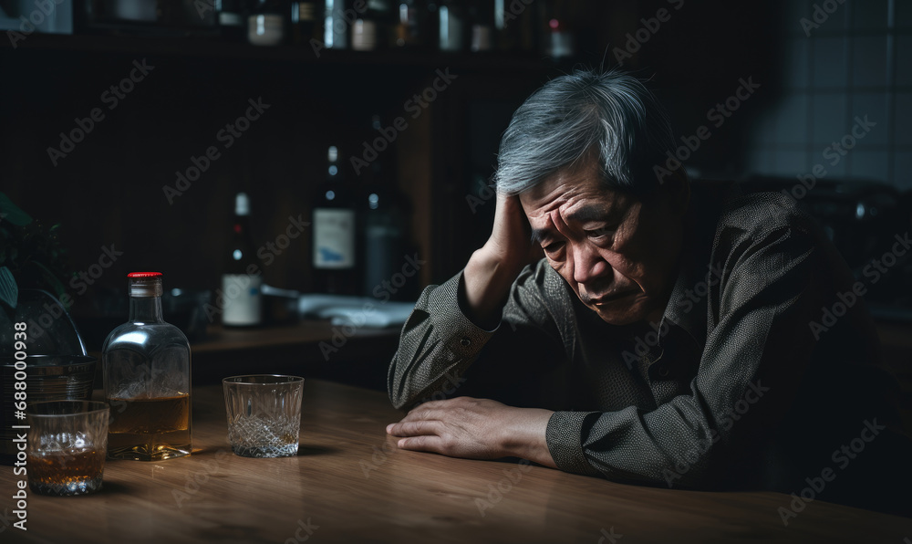 Asian senior in solitude, savoring whiskey, dimly lit ambiance.
