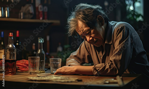 Asian senior in solitude, savoring whiskey, dimly lit ambiance.