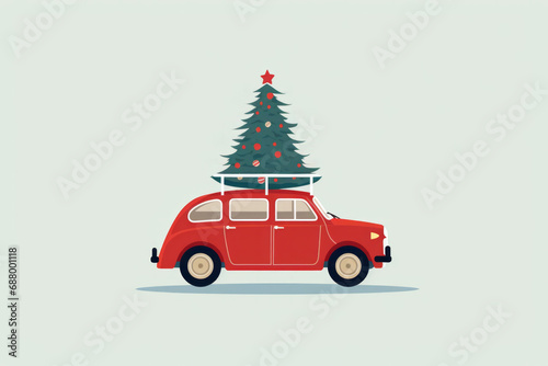 A cute retro car carrying a christmas tree on its roof