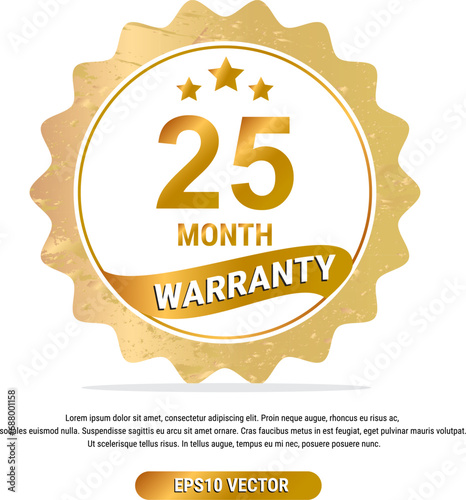 25 month warranty vector art illustration in gold color with fantastic font and white background. Eps10 Vector