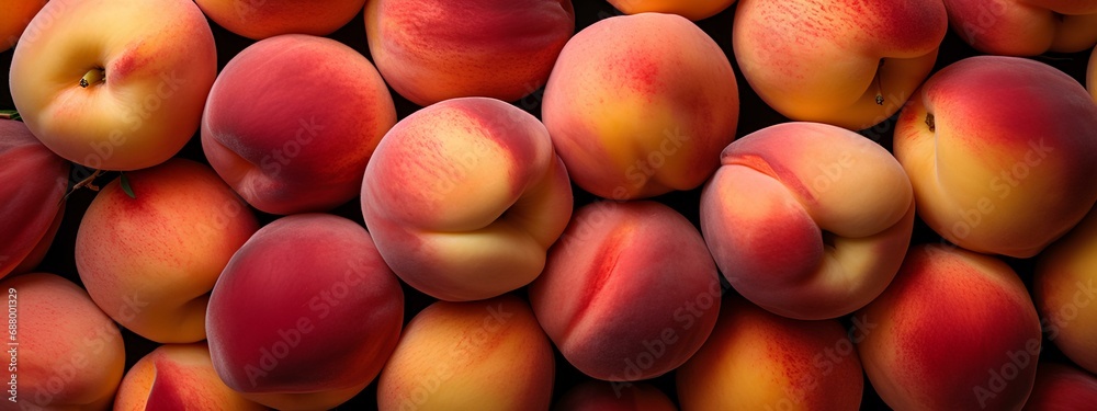 Background with juicy pink peaches, texture of delicious sweet peaches. - obrazy, fototapety, plakaty 
