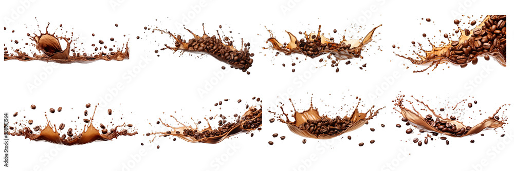 Collection of PNG. Coffee splash with coffee beans isolated on a transparent background. Collection of PNG. Coffee splash with coffee beans isolated on a transparent background.
