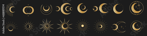 Circle pattern set with clouds, moon, sun, stars. The sun, moon phases, crystals, magic symbols. Vector collection in oriental chinese, japanese, korean style. Line hand drawn illustration EPS 10