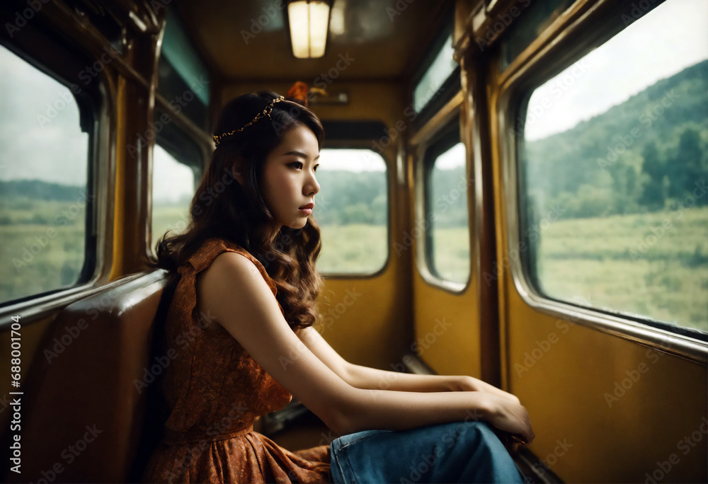 © SB - 電車に座って窓の外を眺める髪の女性｜レトロな写真